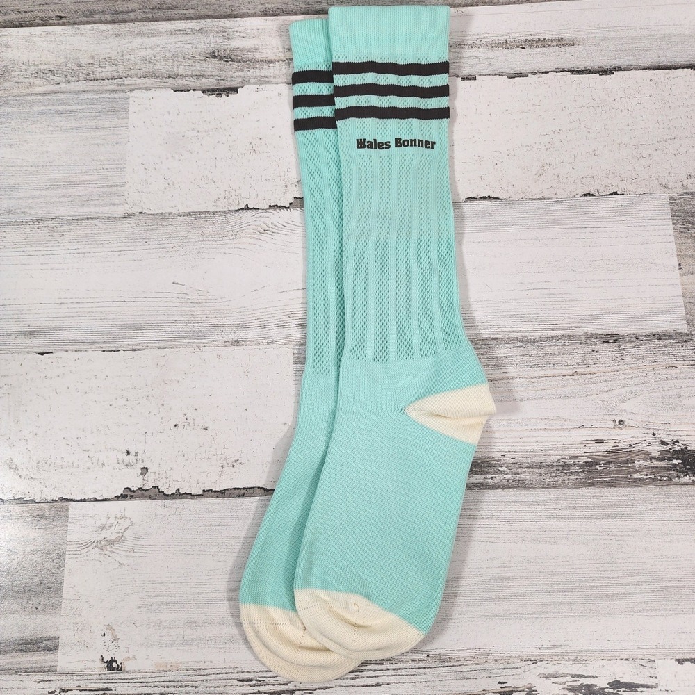 Wales Bonner Knee High Socks Unisex OS Teal Blue Striped Athletic Ribbed